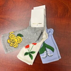 Mini Rodini Kids Floral Socks Trio - Gray, Cream, Blue BNWT